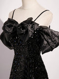 Off Shoulder Velvet Sequin Long Black Prom Dress, Black Long Evening Dress HZ1024