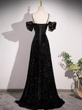Off Shoulder Velvet Sequin Long Black Prom Dress, Black Long Evening Dress HZ1024