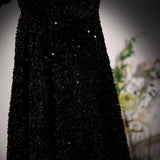 Off Shoulder Velvet Sequin Long Black Prom Dress, Black Long Evening Dress HZ1024