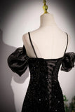 Off Shoulder Velvet Sequin Long Black Prom Dress, Black Long Evening Dress HZ1024