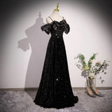 Off Shoulder Velvet Sequin Long Black Prom Dress, Black Long Evening Dress HZ1024