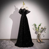 Off Shoulder Velvet Sequin Long Black Prom Dress, Black Long Evening Dress HZ1024