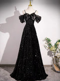 Off Shoulder Velvet Sequin Long Black Prom Dress, Black Long Evening Dress HZ1024