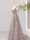 V Neck Tulle Long Prom Dresses, Tulle Formal Evening Dresses HZ1024