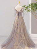 V Neck Tulle Long Prom Dresses, Tulle Formal Evening Dresses HZ1024