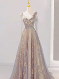 V Neck Tulle Long Prom Dresses, Tulle Formal Evening Dresses HZ1024
