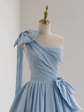 One Shoulder Satin Blue Long Prom Dresses, Blue Formal Evening Dress HZ1024