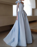 One Shoulder Satin Blue Long Prom Dresses, Blue Formal Evening Dress HZ1024
