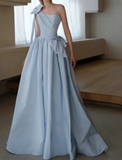One Shoulder Satin Blue Long Prom Dresses, Blue Formal Evening Dress HZ1024