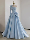 One Shoulder Satin Blue Long Prom Dresses, Blue Formal Evening Dress HZ1024