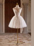 Sweetheart Neck Tulle Lace Light Champagne Short Prom Dress HZ1024