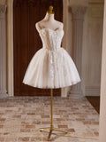 Sweetheart Neck Tulle Lace Light Champagne Short Prom Dress HZ1024