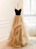Champagne Tulle Long Prom Dress, Champagne Evening Dresses HZ1024