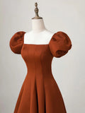 Puff Sleeves Satin Long Prom Dress, Long Evening Dresses HZ1024