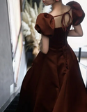 Puff Sleeves Satin Long Prom Dress, Long Evening Dresses HZ1024
