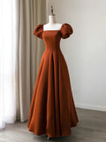 Puff Sleeves Satin Long Prom Dress, Long Evening Dresses HZ1024