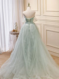 Off Shoulder Tulle Sequin Green Long Prom Dress, Green Formal Dress HZ1024