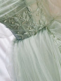 Off Shoulder Tulle Sequin Green Long Prom Dress, Green Formal Dress HZ1024