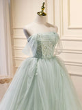 Off Shoulder Tulle Sequin Green Long Prom Dress, Green Formal Dress HZ1024