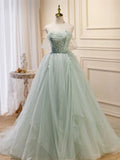 Off Shoulder Tulle Sequin Green Long Prom Dress, Green Formal Dress HZ1024