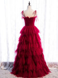 Tulle Long Prom Dresses, Burgundy Formal Graduation Dresses HZ1024