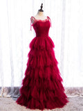 Tulle Long Prom Dresses, Burgundy Formal Graduation Dresses HZ1024