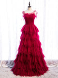 Tulle Long Prom Dresses, Burgundy Formal Graduation Dresses HZ1024