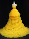 Tulle High Low Prom Dress, Yellow Formal Evening Dress HZ1024