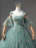 Dusty Green Tulle Lace Long Prom Dresses, Green Formal Evening Dress HZ1024