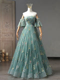 Dusty Green Tulle Lace Long Prom Dresses, Green Formal Evening Dress HZ1024