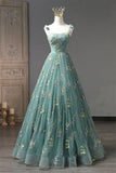 Dusty Green Tulle Lace Long Prom Dresses, Green Formal Evening Dress HZ1024