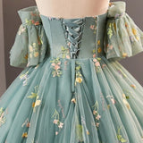 Dusty Green Tulle Lace Long Prom Dresses, Green Formal Evening Dress HZ1024