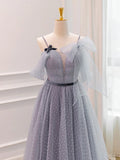 A-Line Tulle Long Prom Dresses, Gray Formal Evening Dresses HZ1024