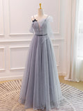 A-Line Tulle Long Prom Dresses, Gray Formal Evening Dresses HZ1024
