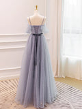 A-Line Tulle Long Prom Dresses, Gray Formal Evening Dresses HZ1024