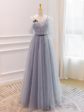 A-Line Tulle Long Prom Dresses, Gray Formal Evening Dresses HZ1024