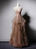 v neck tulle lace long prom dress,champagne evening dress HZ1024