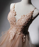 v neck tulle lace long prom dress,champagne evening dress HZ1024