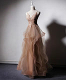 v neck tulle lace long prom dress,champagne evening dress HZ1024