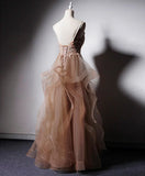 v neck tulle lace long prom dress,champagne evening dress HZ1024
