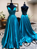 Blue Satin Long Prom Dress, Blue Formal Evening Dresses HZ1024