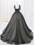 Black Tulle Lace Long Prom Dresses, Black Long Evening Dresses HZ1024
