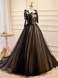 Black Tulle Lace Long Prom Dresses, Black Long Evening Dresses HZ1024