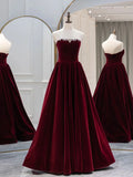 Burgundy Velvet Long Prom Dress, Burgundy Evening Dresses HZ1024