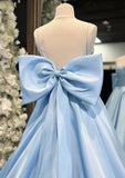 A-Line Satin Blue Long prom Dress, Blue Long Formal Dress HZ1024