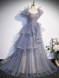 Gray Sequin Long Prom Dress, Sequin Tulle Formal Evening Dresses HZ1024