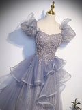Gray Sequin Long Prom Dress, Sequin Tulle Formal Evening Dresses HZ1024