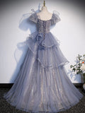 Gray Sequin Long Prom Dress, Sequin Tulle Formal Evening Dresses HZ1024
