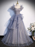 Gray Sequin Long Prom Dress, Sequin Tulle Formal Evening Dresses HZ1024