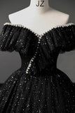 Off Shoulder Tulle Long Prom Dress, Black Formal Evening Dresses HZ1024